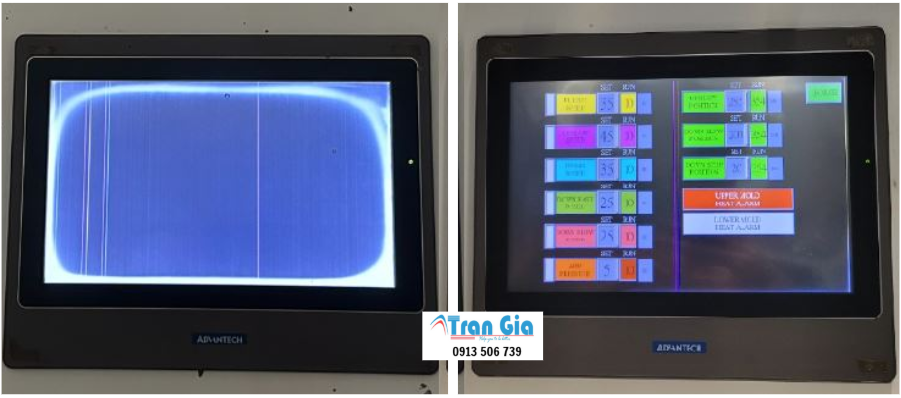 Hình ảnh màn hình HMI đang trong quá trình sửa chữa tại TRAN GIA Automation 