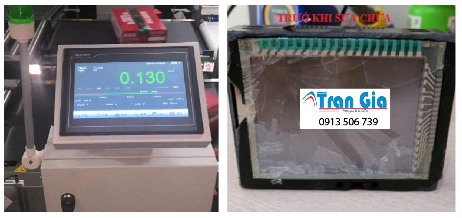 Hình ảnh màn hình HMI đang trong quá trình sửa chữa tại TRAN GIA Automation 